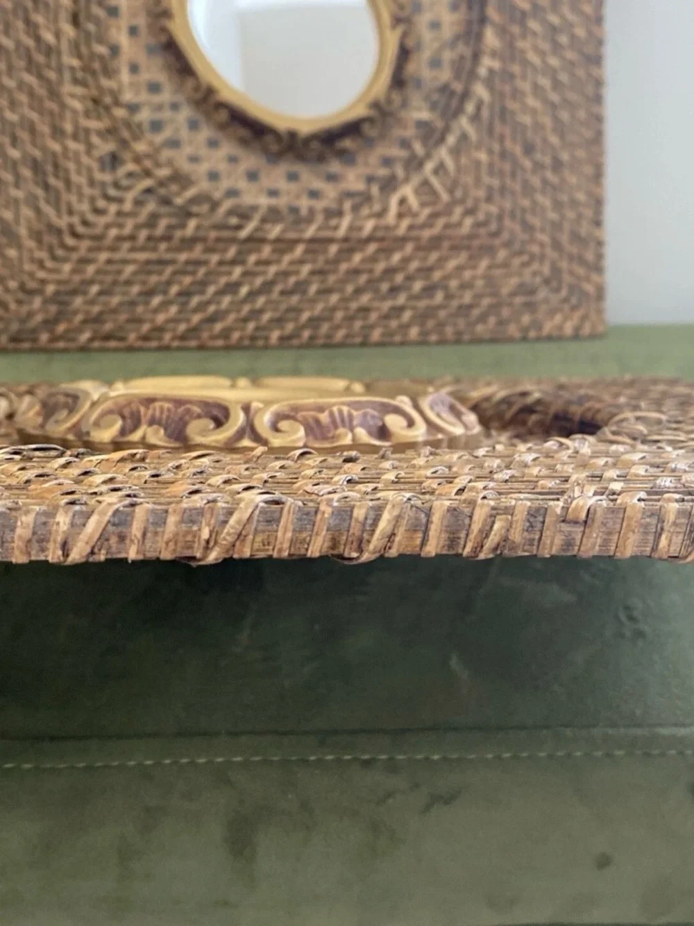 Woven Rattan Wall Mirror with Gold Accent Frame - Brown 14”X14”